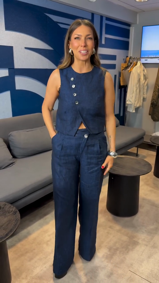 Navy Blue Sleeveless Vest and Wide - Leg Pant Set