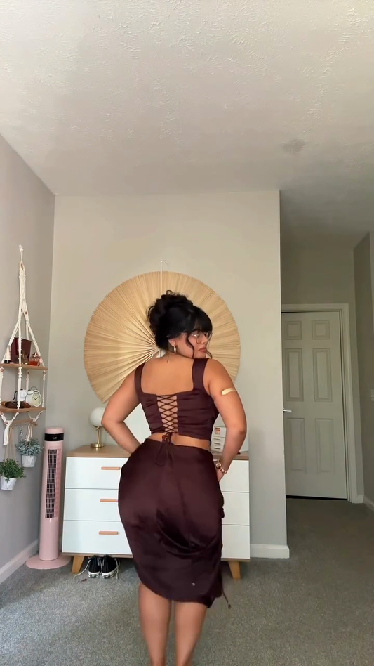 Chocolate brown satin two-piece suit