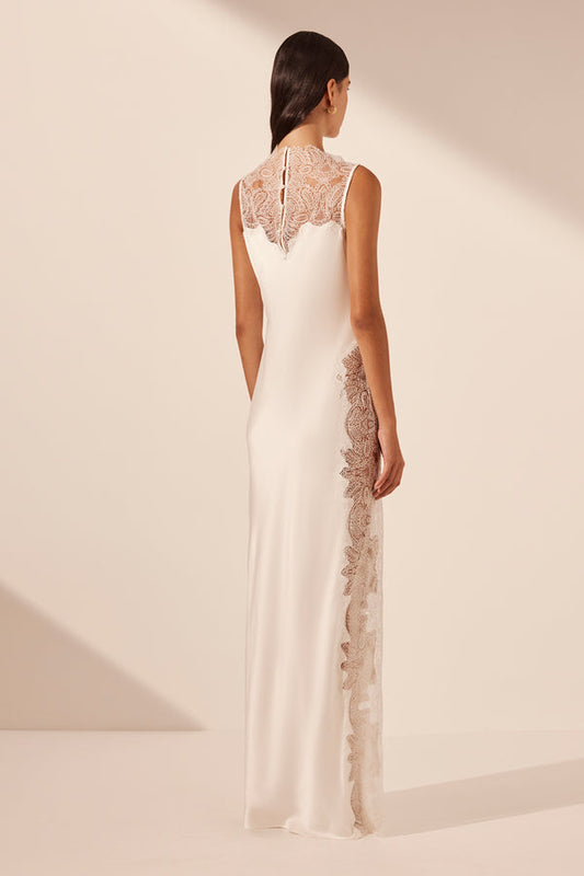 Satin Maxi Dress with Lace Appliqués