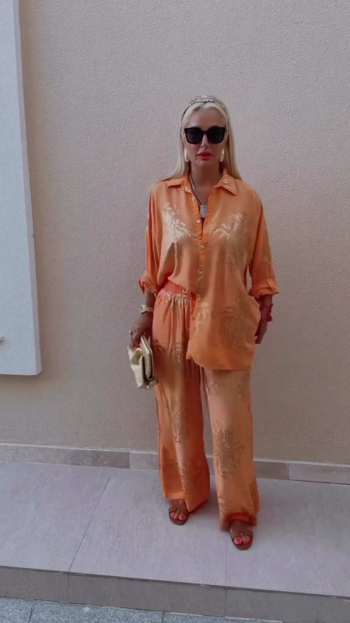 Orange Embroidered Shirt and Wide - leg Pants Set