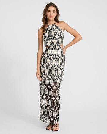 Geometric - Patterned Halter Cut - Out Maxi Dress