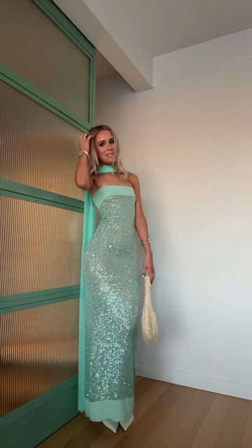 Mint Green Sequined Strapless Maxi Dress