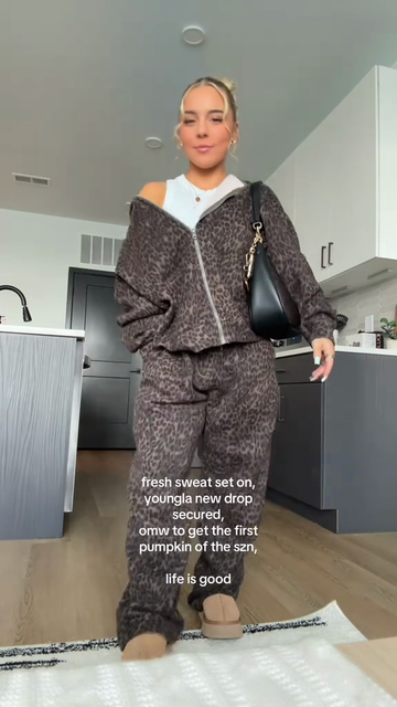 Brown Leopard Print Zip - Up Hoodie and Joggers Set