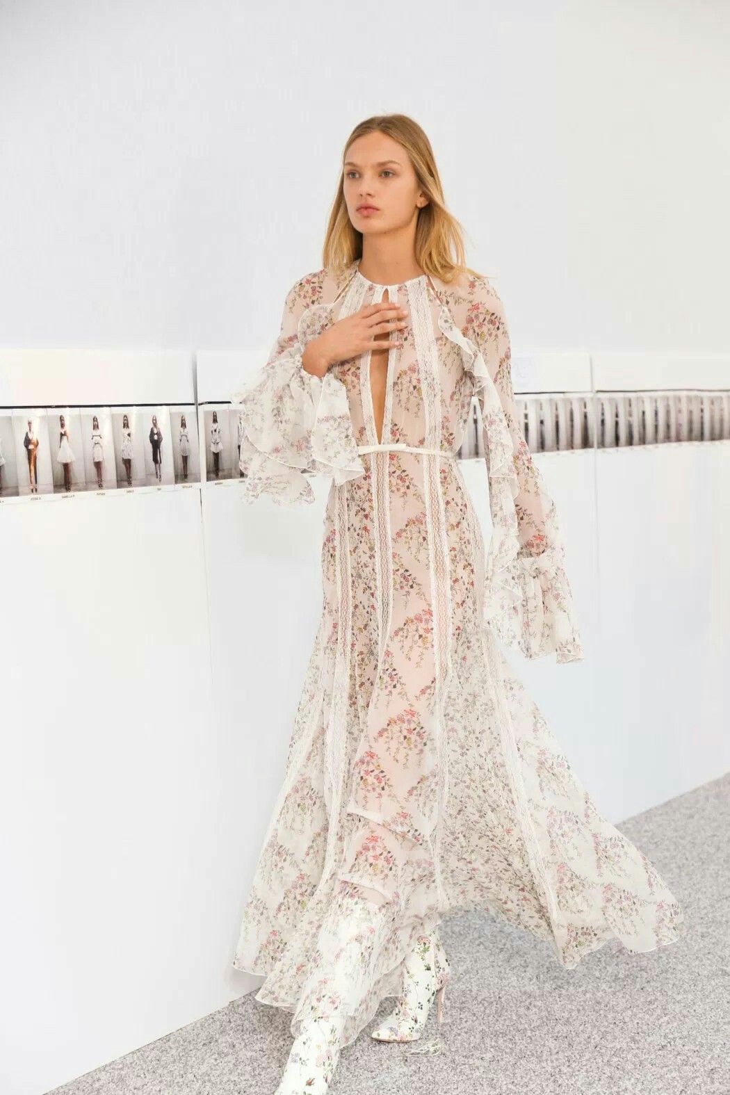 Floral Print Sheer Bell Sleeves Maxi Dress