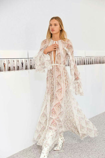 Floral Print Sheer Bell Sleeves Maxi Dress