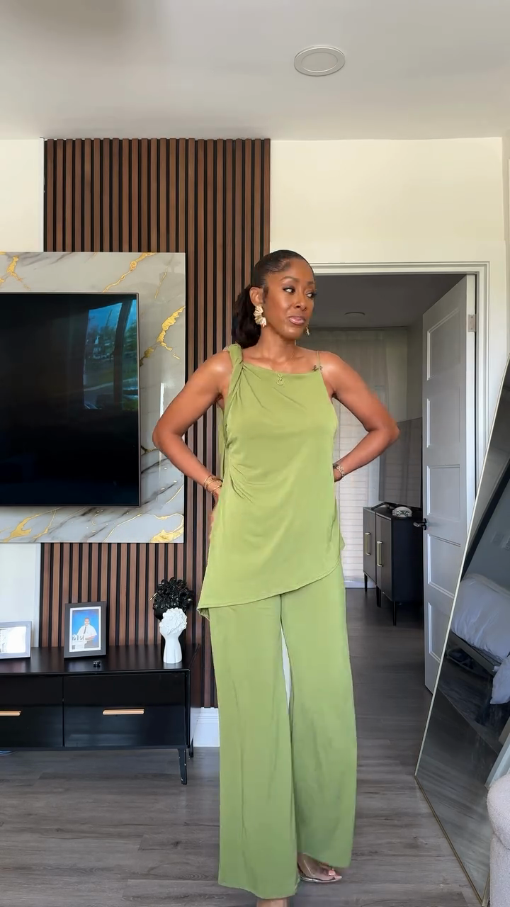 Lime Green Asymmetrical - Strap Top and Wide - Leg Pants Set