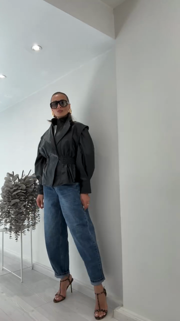 Faux Leather Peplum Jacket with Puff Sleeves