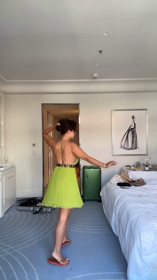 Belted Pleated V Neck Mini Dress