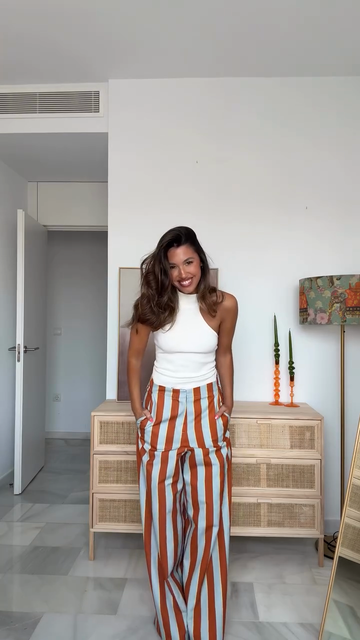 White Halter Neck Top & Striped Wide - Leg Pants Set