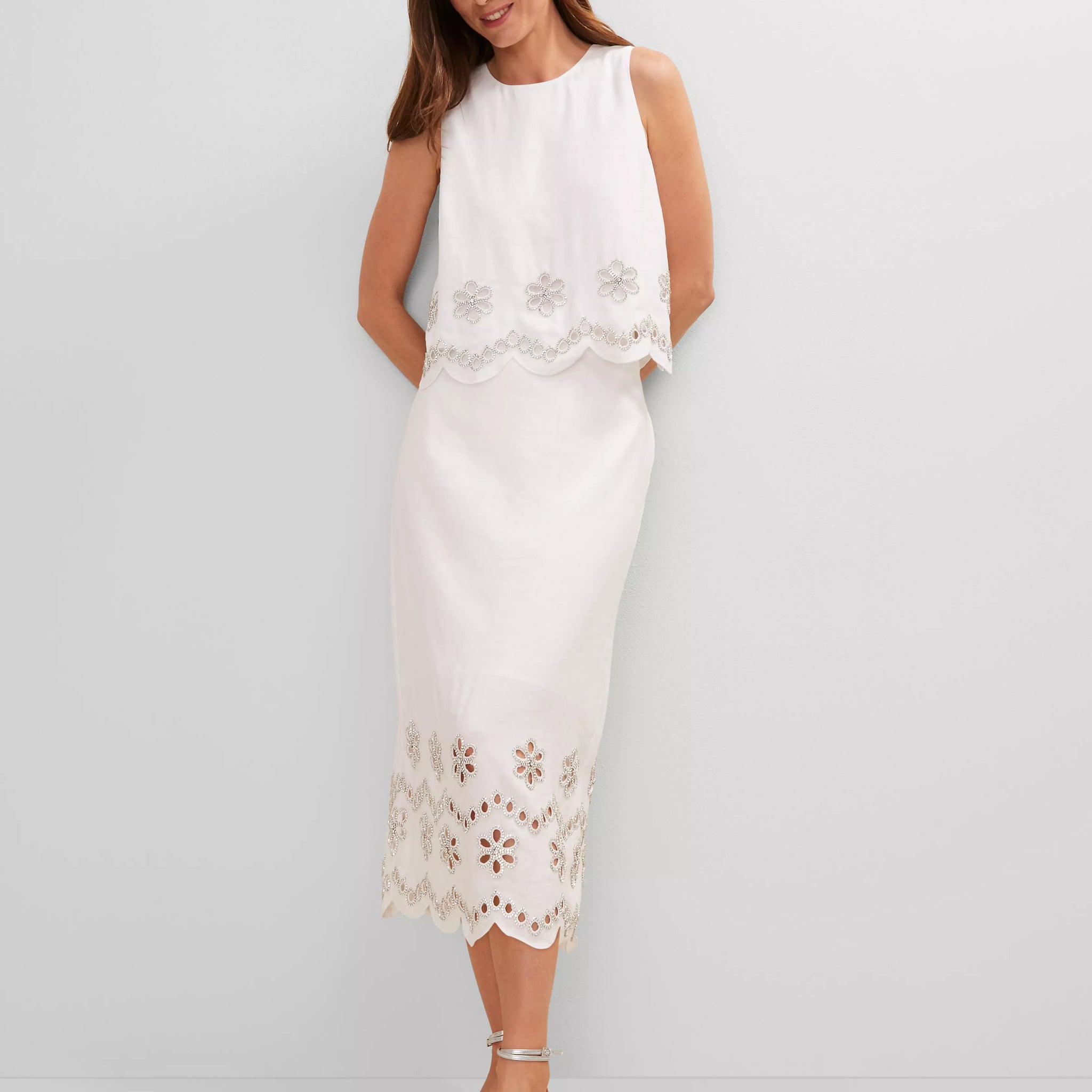 White Embroidered Crop Top & Midi Skirt Set