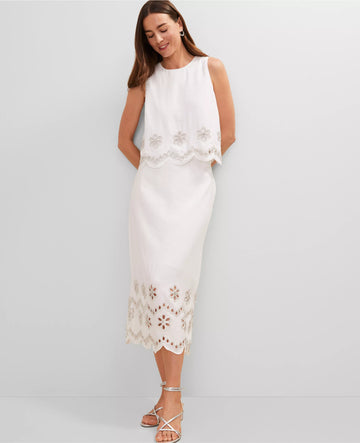 White Embroidered Crop Top & Midi Skirt Set