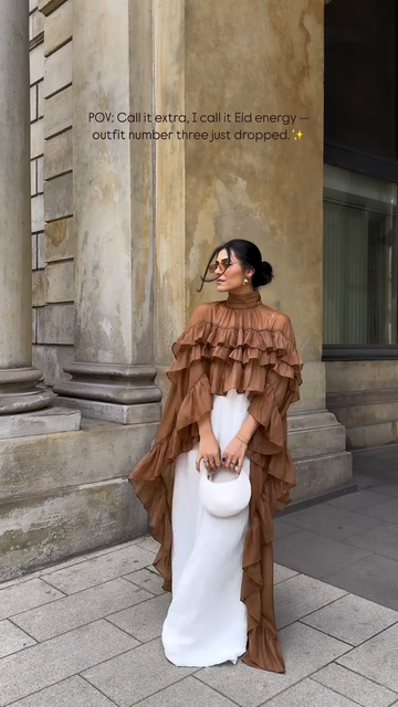 Brown Ruffled Cape - style Top with White Wide - leg Pants