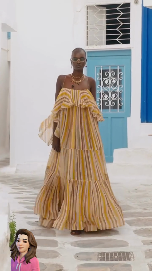 Yellow and Brown Striped Strapless Maxi Dress