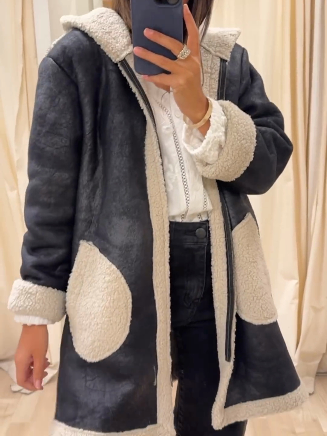 Black Shearling - Trimmed Coat with Contrast Pockets