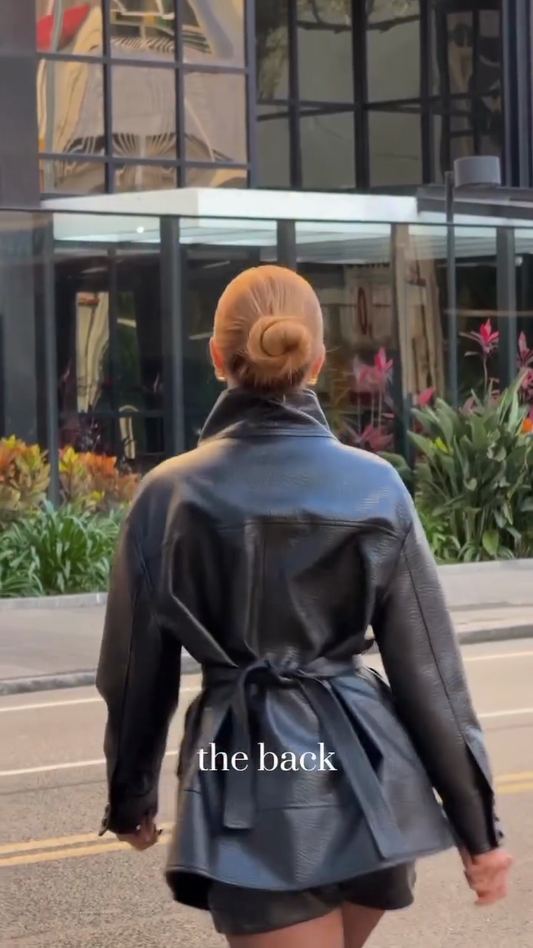 Black Leather Belted Jacket