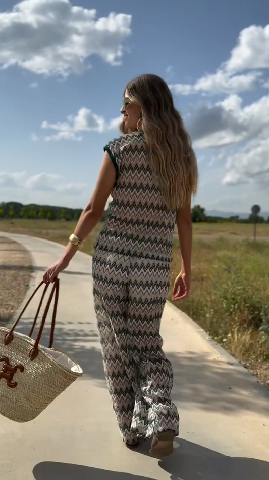 Zigzag - Patterned Knit Top & Wide - Leg Pants Set