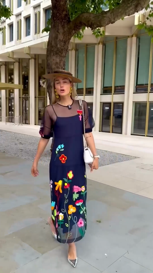 Floral Embroidered Mesh Overlay Dress