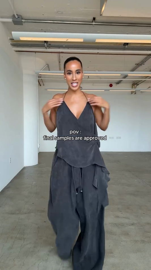 Black V - Neck Halter Top and Wide - Leg Pants Set