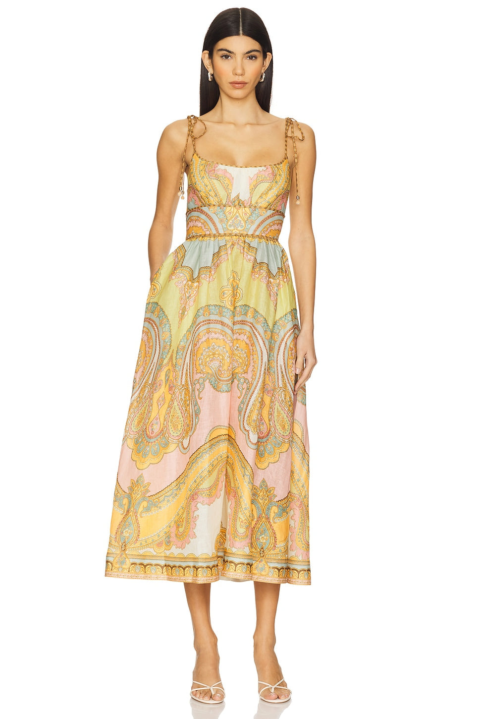 Paisley Print Linen Midi Dress with Tie - Strap Shoulders