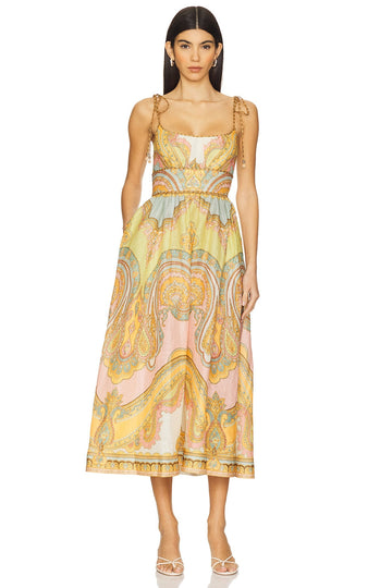 Paisley Print Linen Midi Dress with Tie - Strap Shoulders