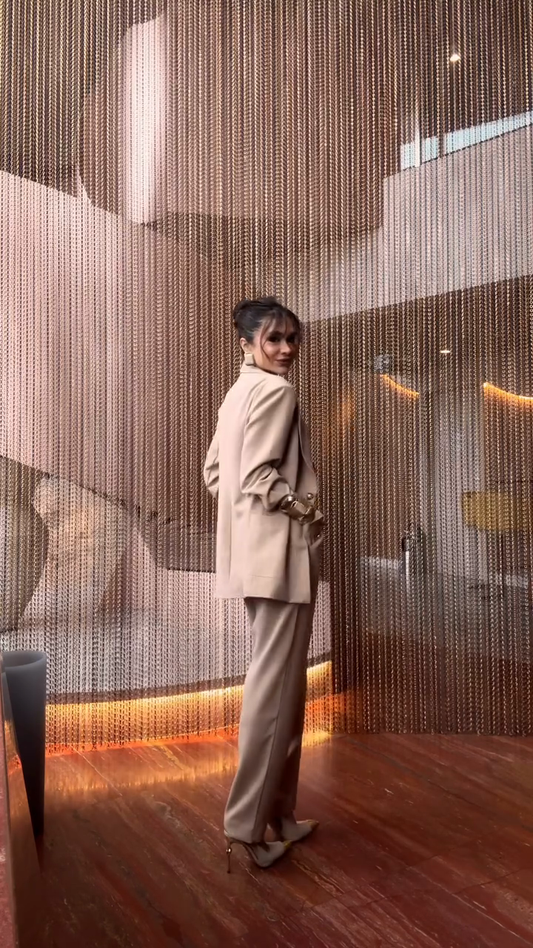 Beige Tailored Blazer, Corset Top & Pants Set