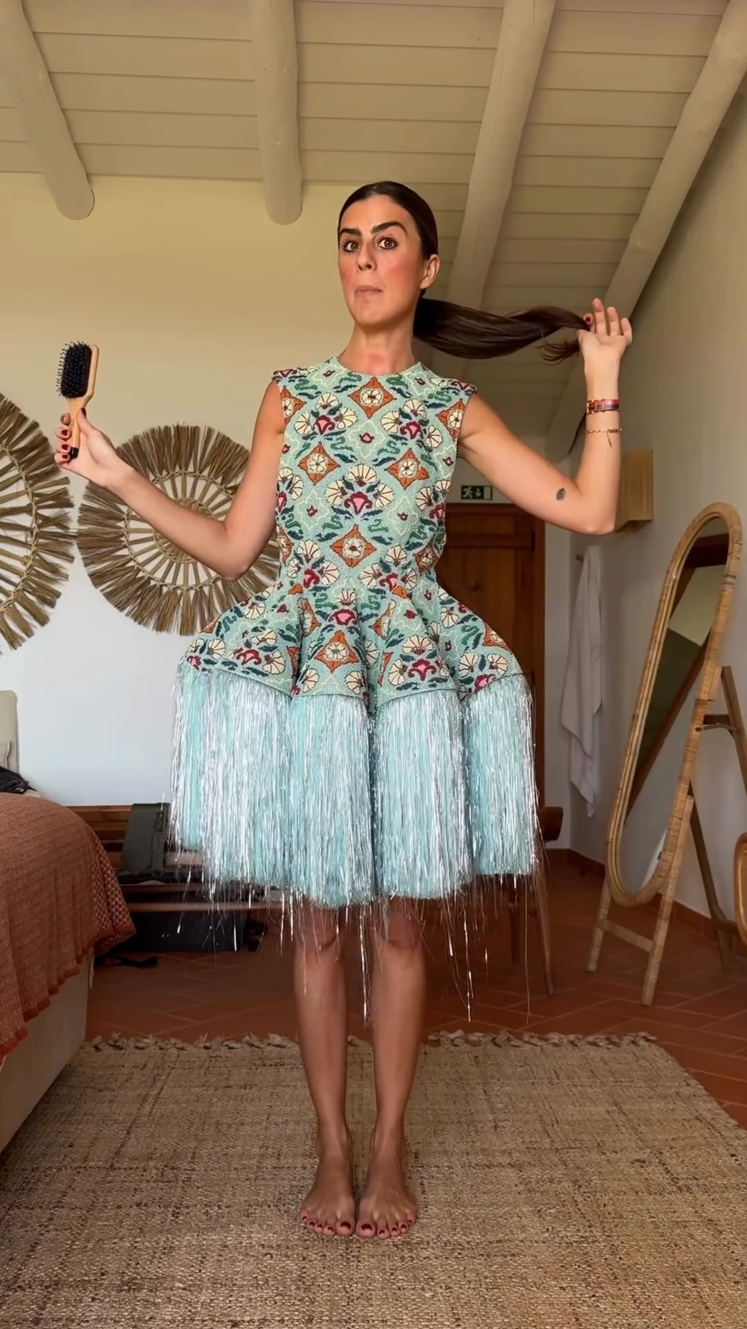 Embroidered Dress with Fringe Hem