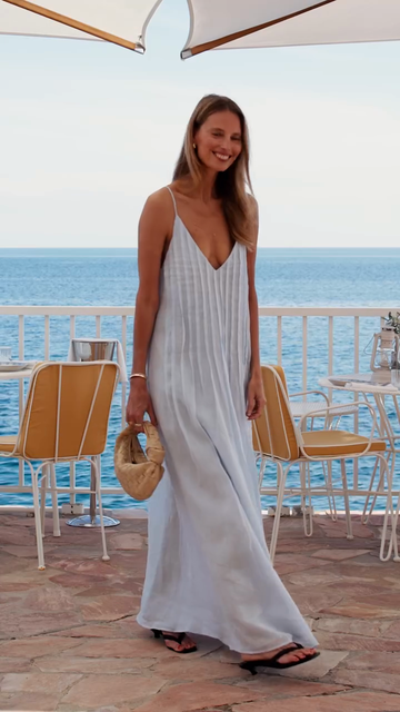 Light Blue Striped Spaghetti - Strap Maxi Dress