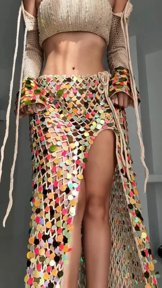 Beige Crochet Off - Shoulder Crop Top and Sequin Skirt Set