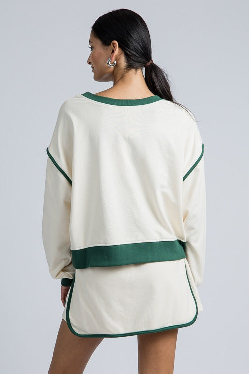 Cream and Green Trimmed Sweatshirt Set
