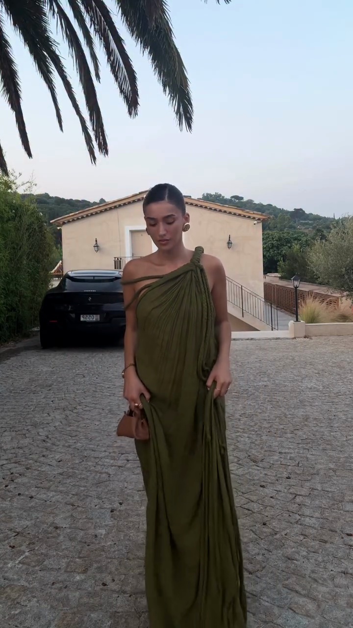 Olive Green One - Shoulder Draped Maxi Dress