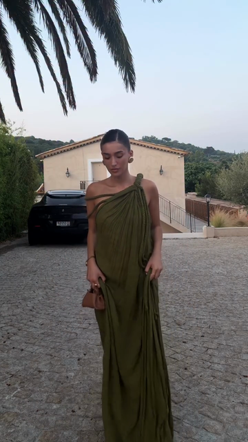 Olive Green One - Shoulder Draped Maxi Dress