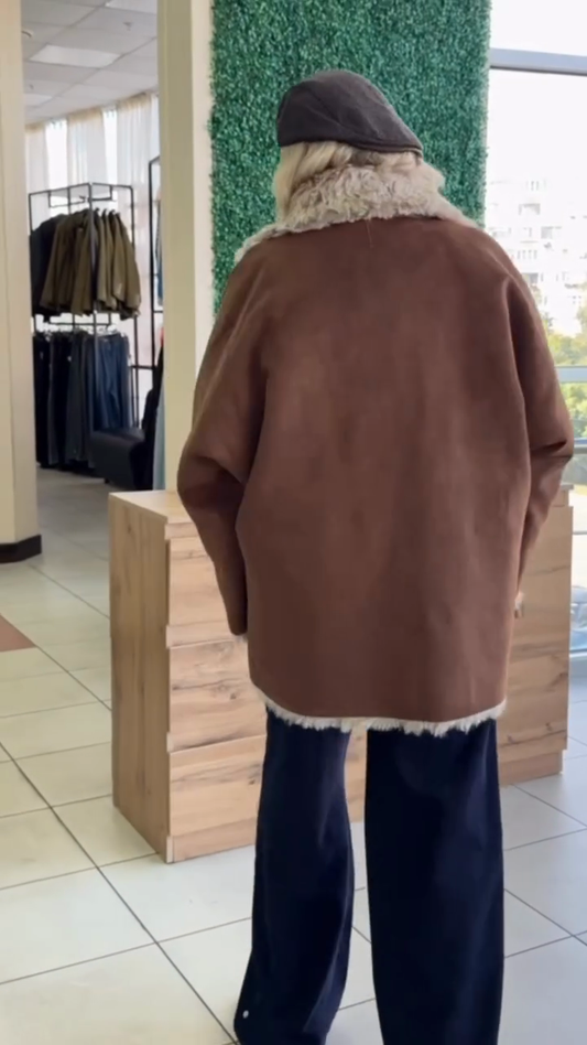 Brown Shearling - Collar Double - Breasted Coat
