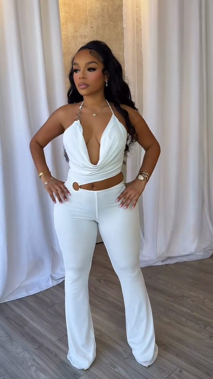 White Halter - neck Crop Top and Flared Pants Set
