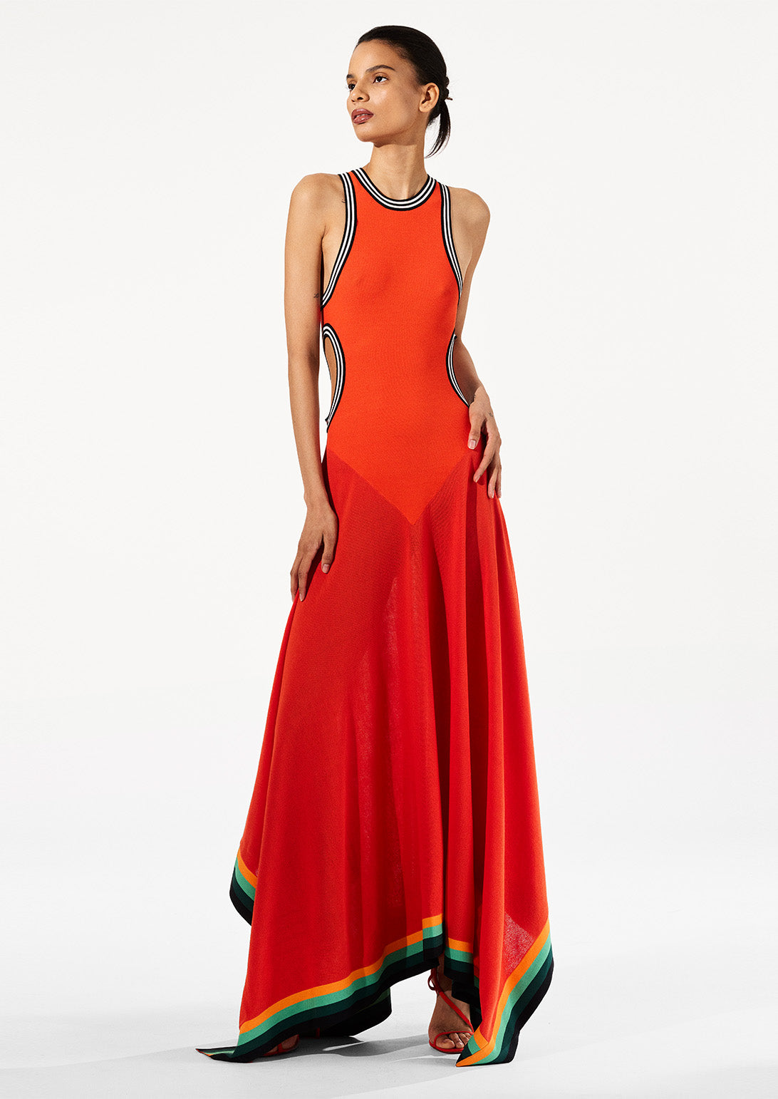 Orange Sleeveless Maxi Dress with Color  Block Trim