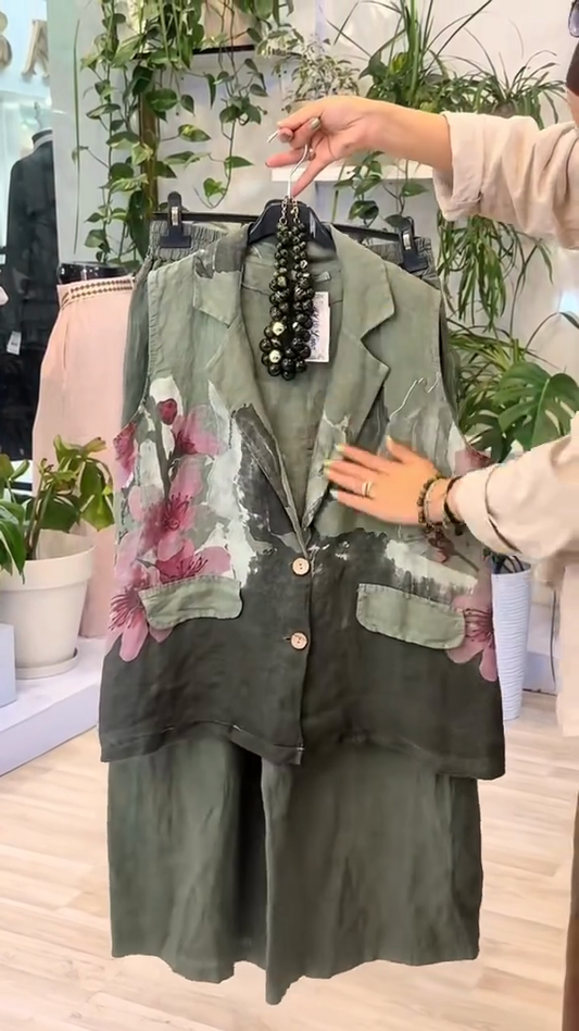 Olive Green Floral - Printed Vest and Shorts Set