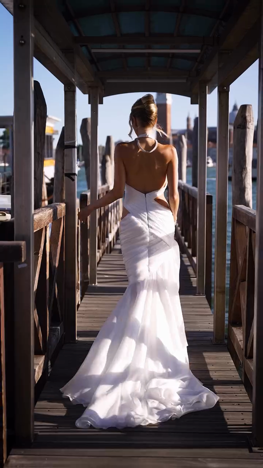 White Halter - Neck Cut - Out Evening Gown