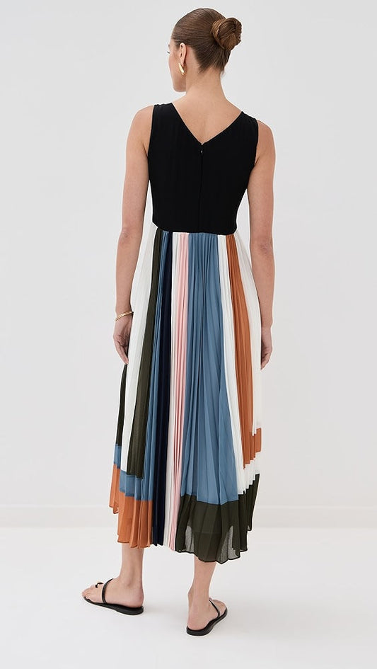 Black - Topped Color - Block Pleated Midi Dress