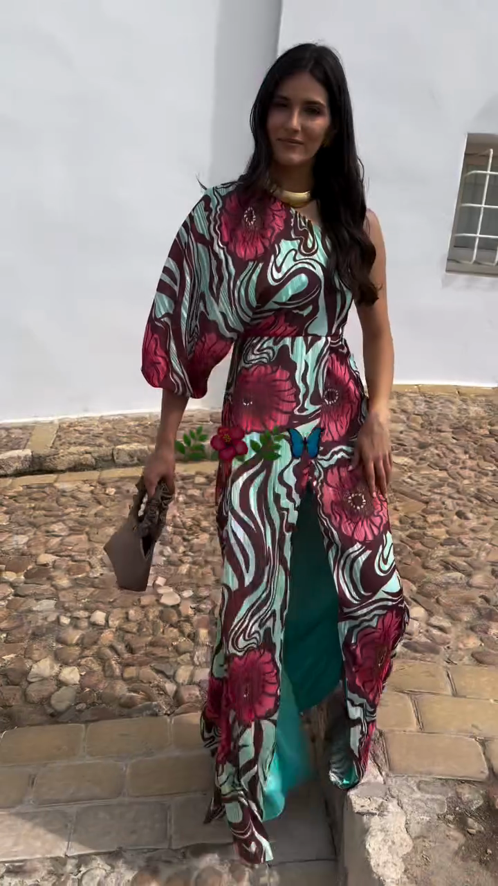 Floral Print One - Shoulder Maxi Dress with Slit