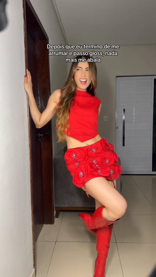 Red Sleeveless Cropped Top and Embellished Mini Skirt Set