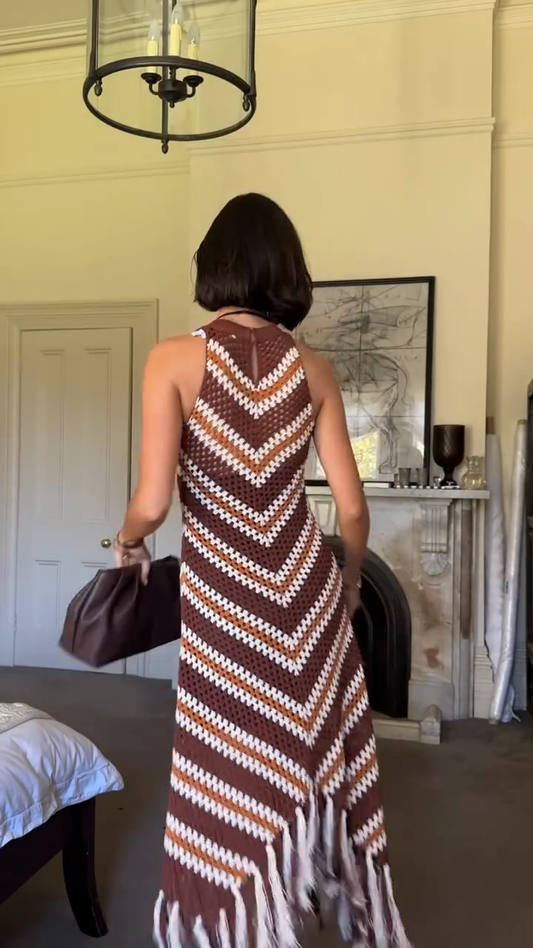 Brown and White Crochet Sleeveless Fringe Midi Dress