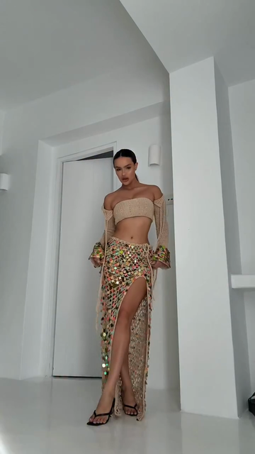 Beige Crochet Off - Shoulder Crop Top and Sequin Skirt Set