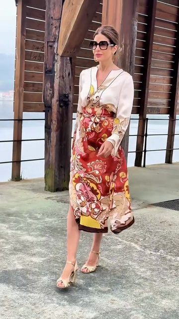 Printed Satin Midi Dress with Belt