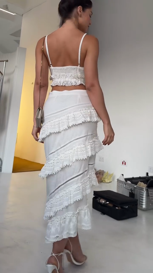 White Lace - Trimmed Crop Top and Tiered Skirt Set