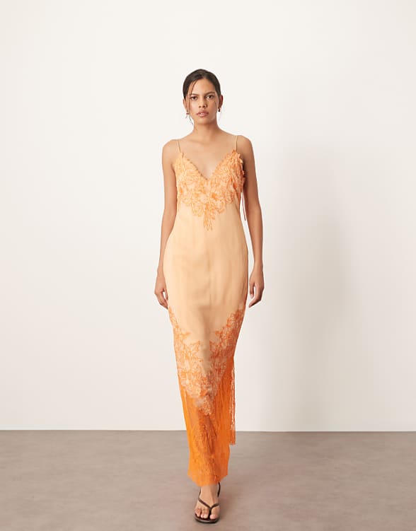 Orange - Hued Embroidered Slip Dress