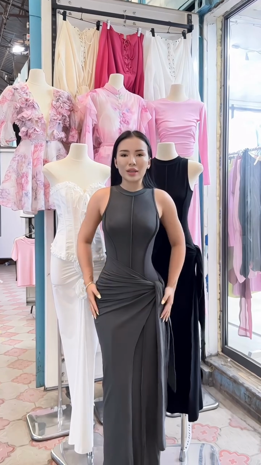 Sleeveless Asymmetric Drape Maxi Dress