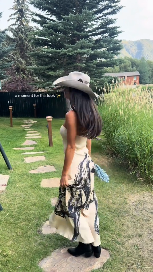 Cream Strapless Maxi Dress with Black Graphic