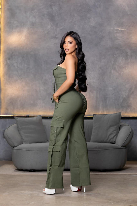 Olive Green Strapless Cargo Jumpsuit