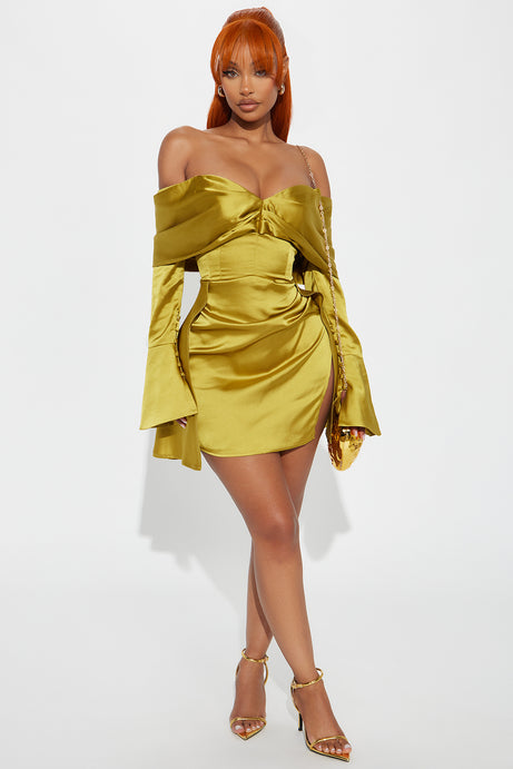 Olive Green Off - Shoulder Satin Mini Dress