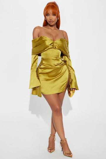 Olive Green Off - Shoulder Satin Mini Dress