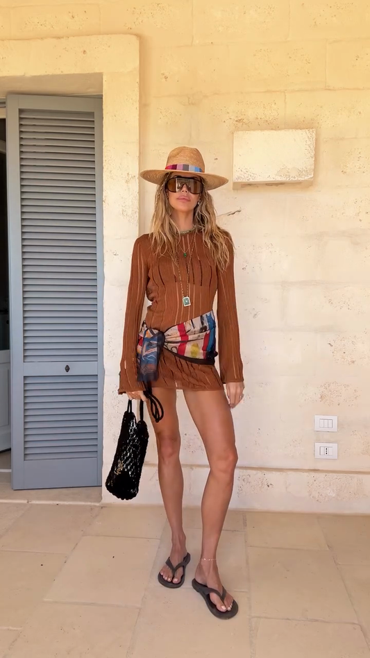 Brown Ribbed Long - sleeve Mini Dress